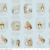 Image of Peter Rabbit and Benjamin Bunny Story Time Blue licensed quilting cotton fabric by the RBD Designers for Riley Blake Designs. Features storybook pages on a blue background. Cute Little Fabric Shop
