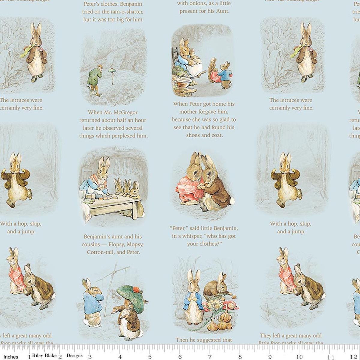 Image of Peter Rabbit and Benjamin Bunny Story Time Blue licensed quilting cotton fabric by the RBD Designers for Riley Blake Designs. Features storybook pages on a blue background. Cute Little Fabric Shop