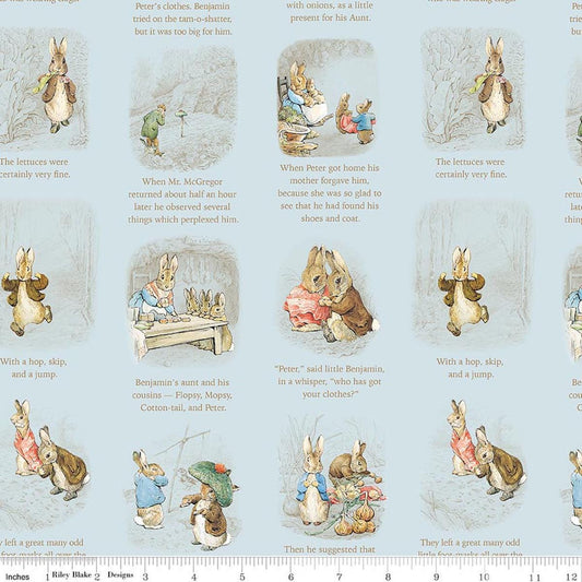 Image of Peter Rabbit and Benjamin Bunny Story Time Blue licensed quilting cotton fabric by the RBD Designers for Riley Blake Designs. Features storybook pages on a blue background. Cute Little Fabric Shop