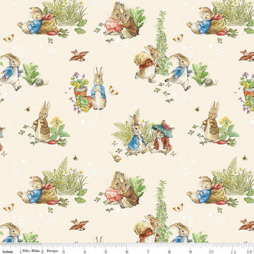 Image of Peter Rabbit and Benjamin Bunny Main Cream licensed quilting cotton fabric by the RBD Designers for Riley Blake Designs. Features rabbits on a cream background. Cute Little Fabric Shop