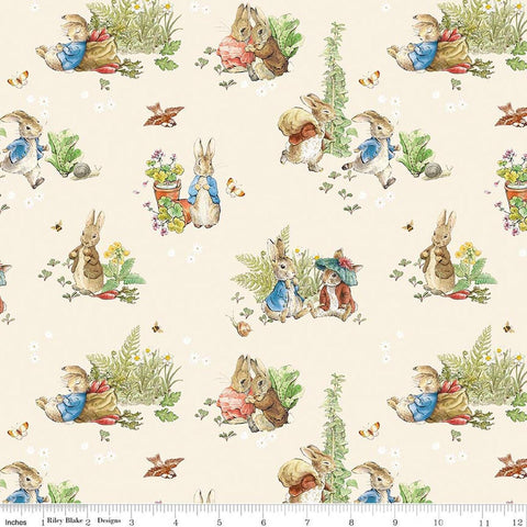 Image of Peter Rabbit and Benjamin Bunny Main Cream licensed quilting cotton fabric by the RBD Designers for Riley Blake Designs. Features rabbits on a cream background. Cute Little Fabric Shop