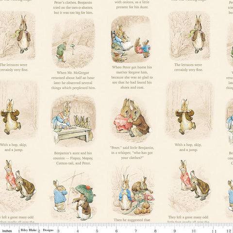 Image of Peter Rabbit and Benjamin Bunny Story Time Cream licensed quilting cotton fabric by the RBD Designers for Riley Blake Designs. Features storybook pages on a cream background. Cute Little Fabric Shop