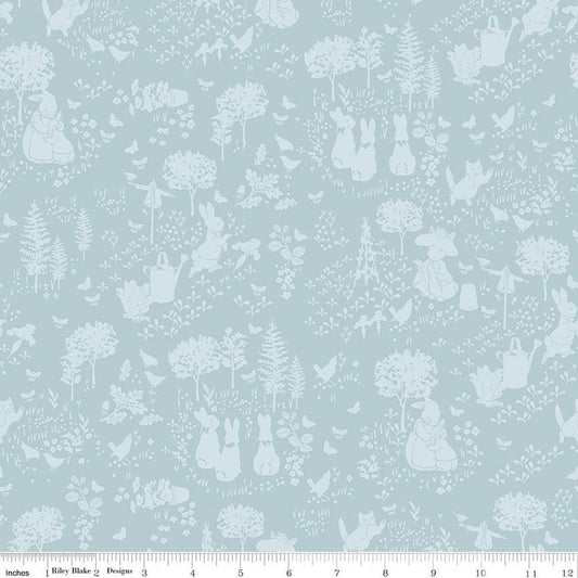 Image of Peter Rabbit and Benjamin Bunny Tonal Garden Blue licensed quilting cotton fabric by the RBD Designers for Riley Blake Designs. Features plants and bunnies on a blue background. Cute Little Fabric Shop