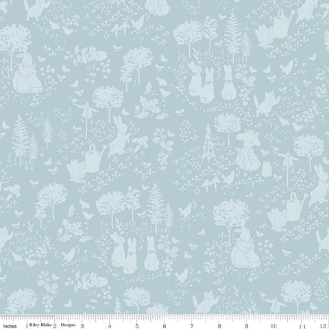 Image of Peter Rabbit and Benjamin Bunny Tonal Garden Blue licensed quilting cotton fabric by the RBD Designers for Riley Blake Designs. Features plants and bunnies on a blue background. Cute Little Fabric Shop
