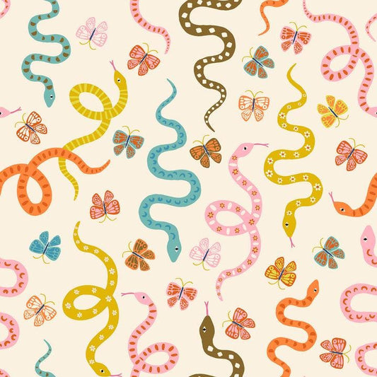 Ooh Lucky Lucky Snake RS4114 Natural - Moda Fabrics - Garden Snakes Butterflies - Ru- Star Society - Quilting Cotton Fabric