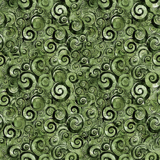 Image of Mountain Splendor Scroll Geo Evergreen quilting cotton fabric by Dan Morris for QT Fabrics. Features spirals on a green background. Cute Little Fabric Shop.