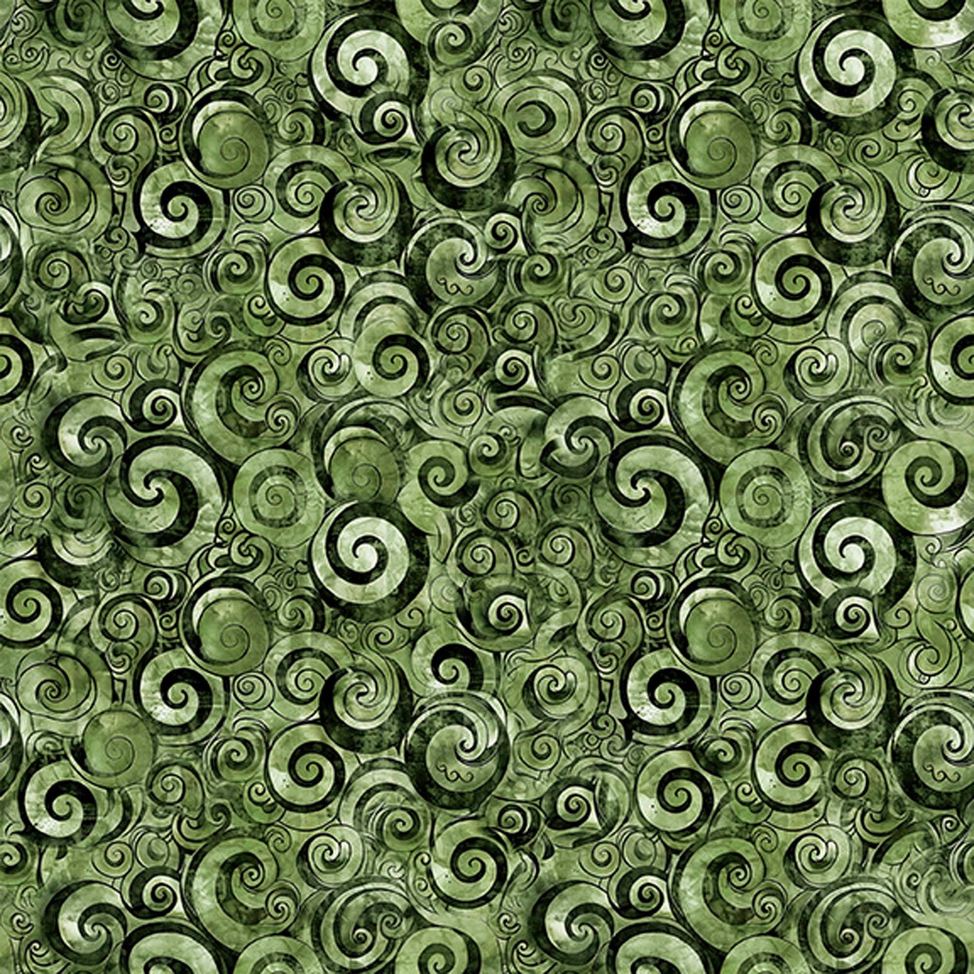 Image of Mountain Splendor Scroll Geo Evergreen quilting cotton fabric by Dan Morris for QT Fabrics. Features spirals on a green background. Cute Little Fabric Shop.