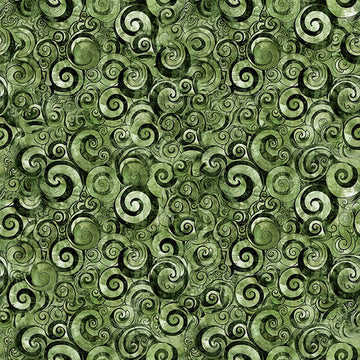 Image of Mountain Splendor Scroll Geo Evergreen quilting cotton fabric by Dan Morris for QT Fabrics. Features spirals on a green background. Cute Little Fabric Shop.