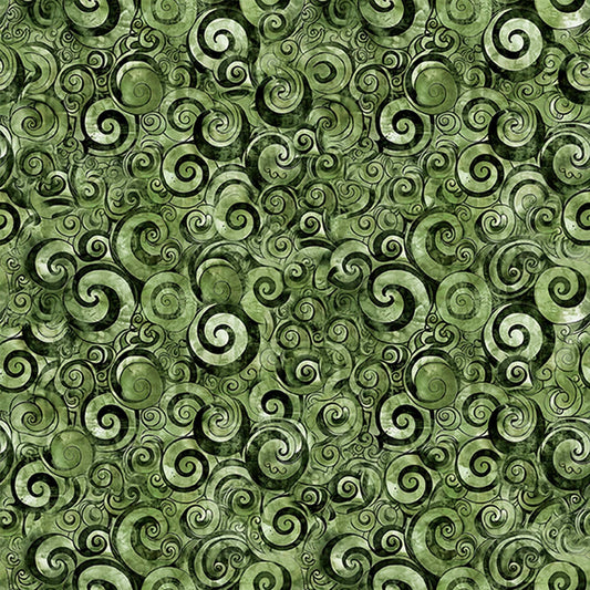 Image of Mountain Splendor Scroll Geo Evergreen quilting cotton fabric by Dan Morris for QT Fabrics. Features spirals on a green background. Cute Little Fabric Shop.