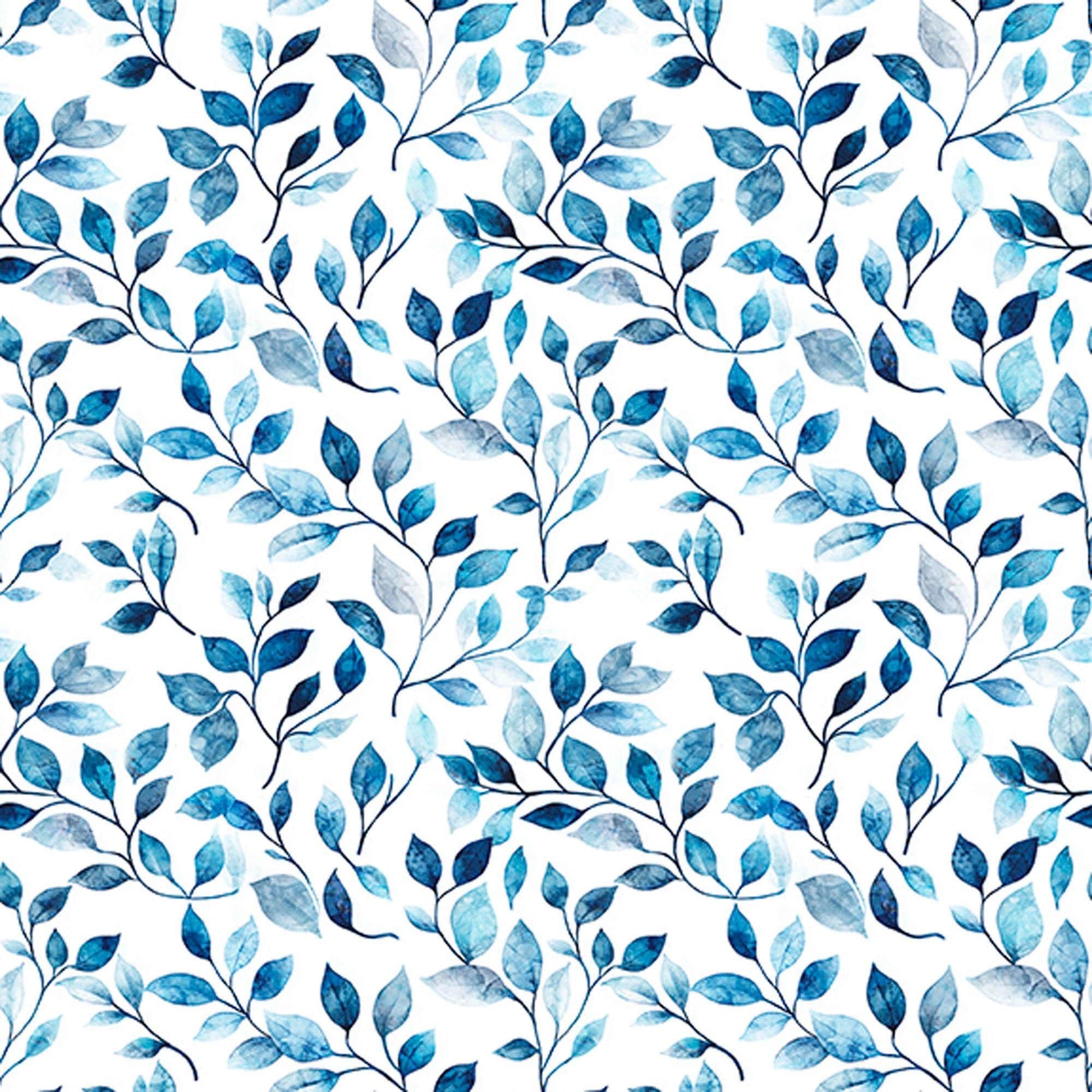 Image of Mountain Splendor Leaf Vine Blue quilting cotton fabric by Dan Morris for QT Fabrics. Features leaves on a white background. Cute Little Fabric Shop.