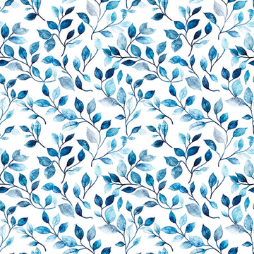 Image of Mountain Splendor Leaf Vine Blue quilting cotton fabric by Dan Morris for QT Fabrics. Features leaves on a white background. Cute Little Fabric Shop.