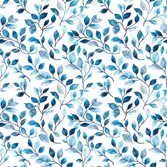 Image of Mountain Splendor Leaf Vine Blue quilting cotton fabric by Dan Morris for QT Fabrics. Features leaves on a white background. Cute Little Fabric Shop.