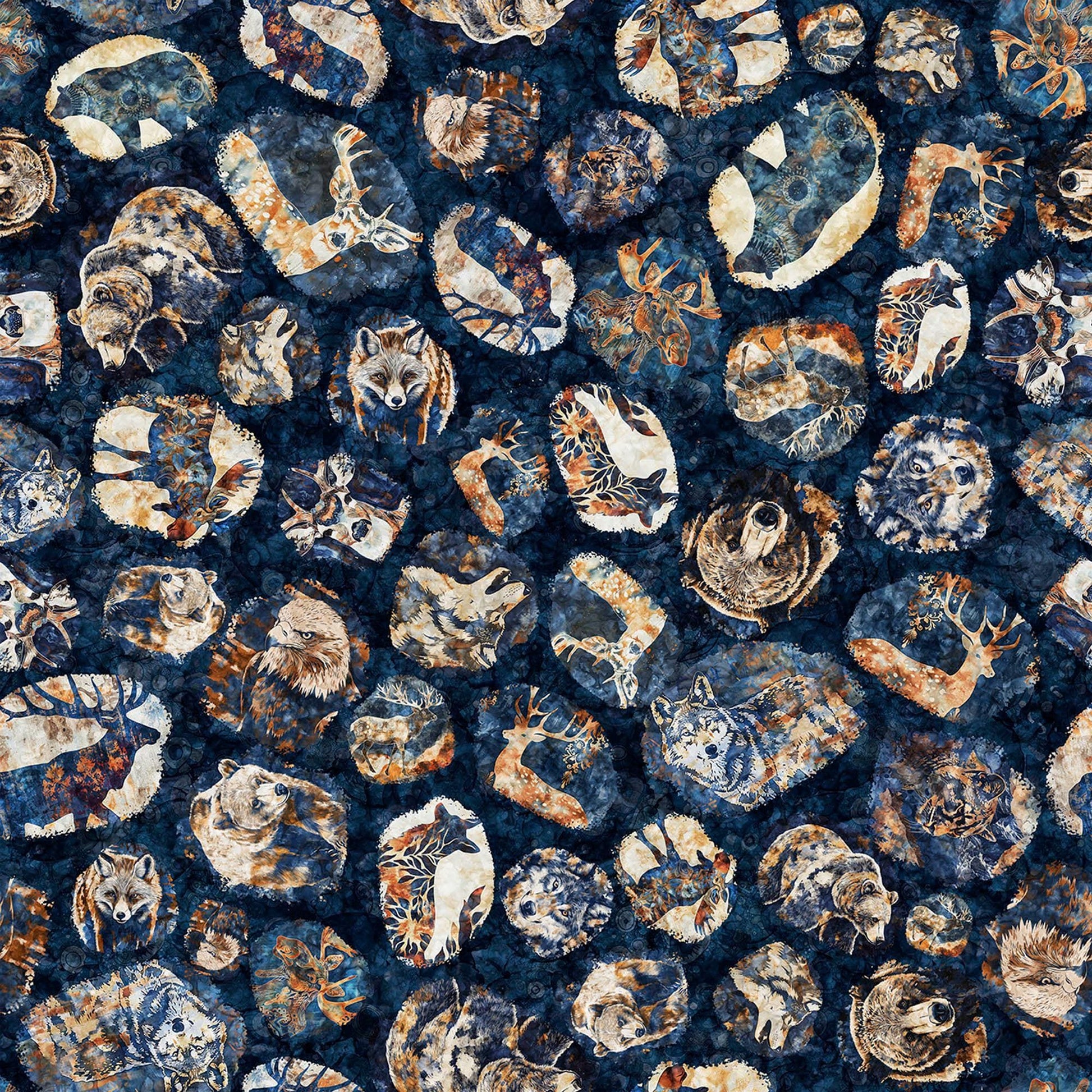 Image of Mountain Splendor Lodge Animal Medallions Dark Navy quilting cotton fabric by Dan Morris for QT Fabrics. Features animals on a blue background. Cute Little Fabric Shop.