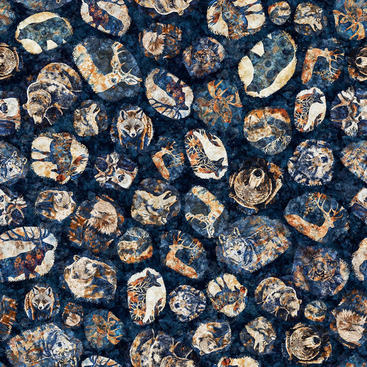 Image of Mountain Splendor Lodge Animal Medallions Dark Navy quilting cotton fabric by Dan Morris for QT Fabrics. Features animals on a blue background. Cute Little Fabric Shop.