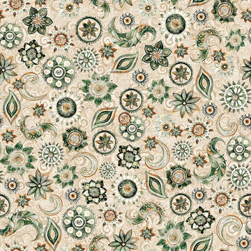 Image of Mountain Splendor Floral & Paisley Tan quilting cotton fabric by Dan Morris for QT Fabrics. Features flowers on a beige background. Cute Little Fabric Shop.