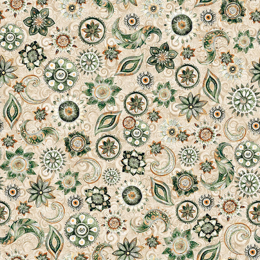 Image of Mountain Splendor Floral & Paisley Tan quilting cotton fabric by Dan Morris for QT Fabrics. Features flowers on a beige background. Cute Little Fabric Shop.