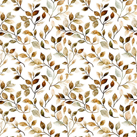 Image of Mountain Splendor Leaf Vine Brown quilting cotton fabric by Dan Morris for QT Fabrics. Features leaves on a white background. Cute Little Fabric Shop.