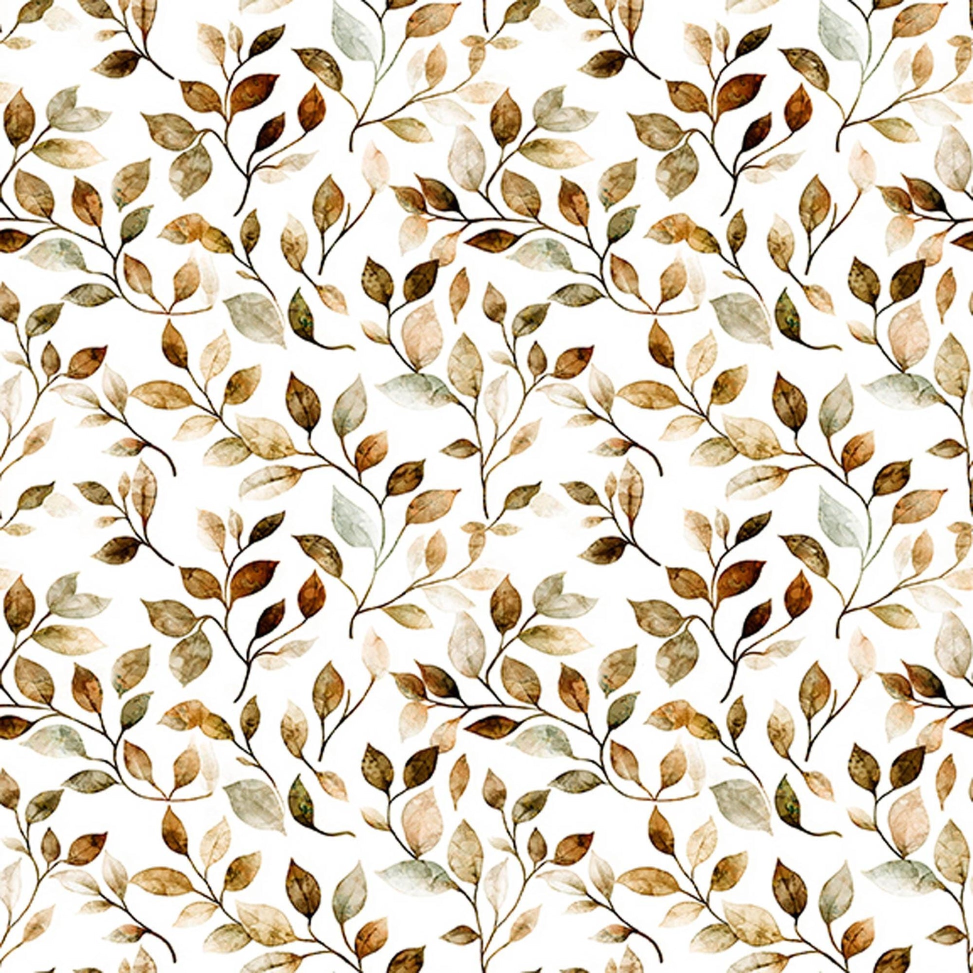Image of Mountain Splendor Leaf Vine Brown quilting cotton fabric by Dan Morris for QT Fabrics. Features leaves on a white background. Cute Little Fabric Shop.
