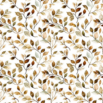 Image of Mountain Splendor Leaf Vine Brown quilting cotton fabric by Dan Morris for QT Fabrics. Features leaves on a white background. Cute Little Fabric Shop.