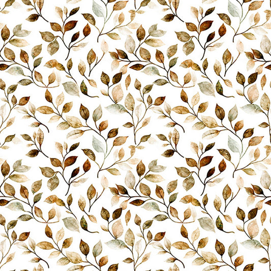 Image of Mountain Splendor Leaf Vine Brown quilting cotton fabric by Dan Morris for QT Fabrics. Features leaves on a white background. Cute Little Fabric Shop.