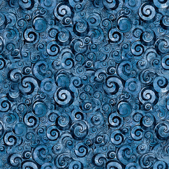 Image of Mountain Splendor Scroll Geo Blue quilting cotton fabric by Dan Morris for QT Fabrics. Features spirals on a blue background. Cute Little Fabric Shop.