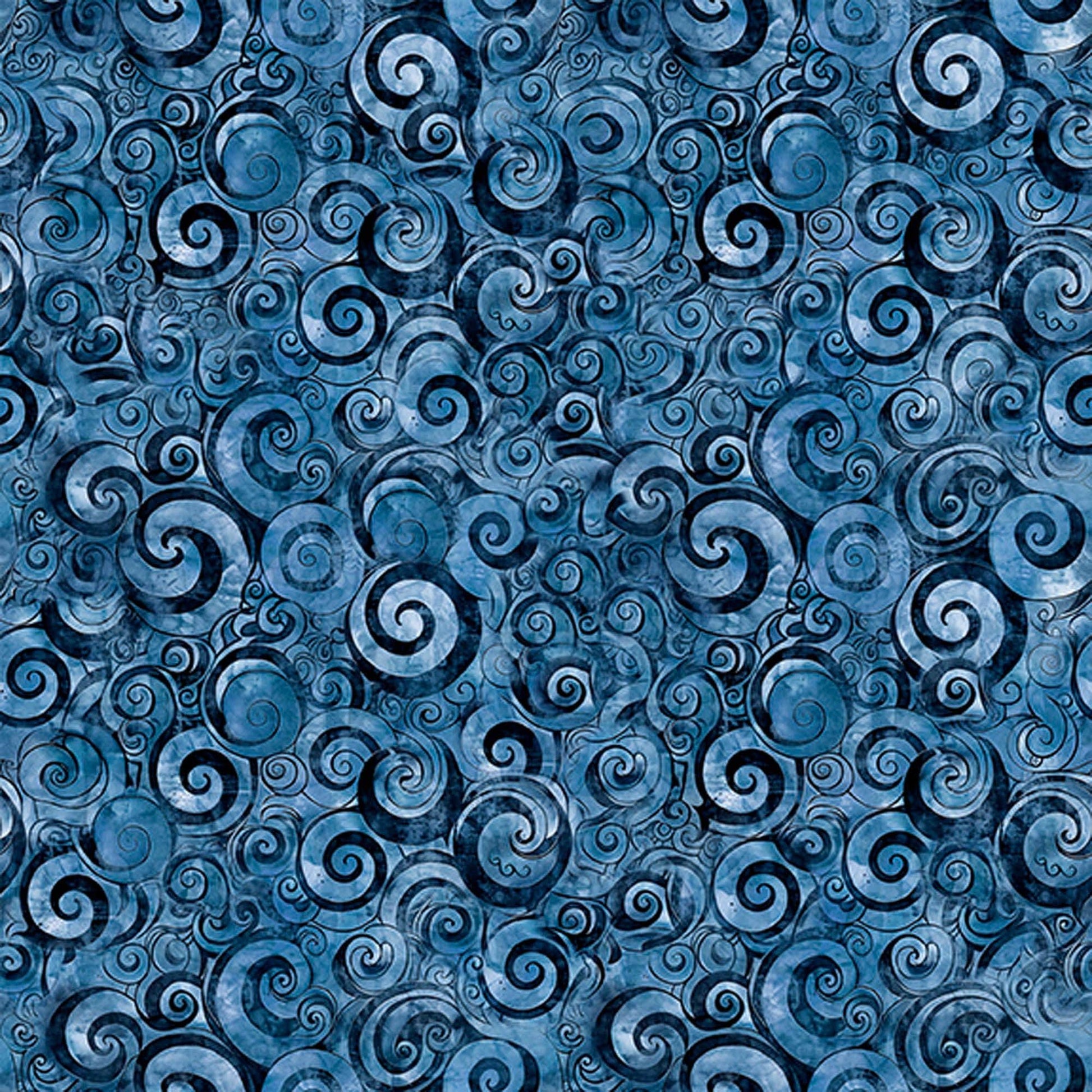Image of Mountain Splendor Scroll Geo Blue quilting cotton fabric by Dan Morris for QT Fabrics. Features spirals on a blue background. Cute Little Fabric Shop.