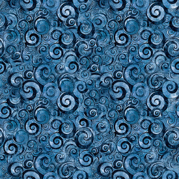 Image of Mountain Splendor Scroll Geo Blue quilting cotton fabric by Dan Morris for QT Fabrics. Features spirals on a blue background. Cute Little Fabric Shop.