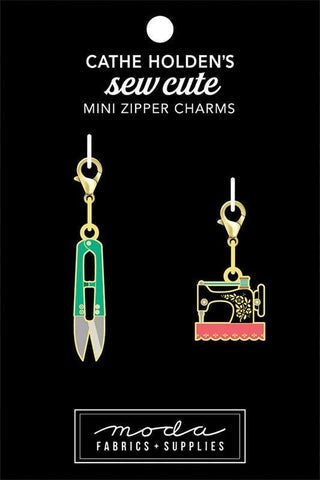 Sew Cute Mini Zipper Charms Enamel Snips and Sewing Machine CH119 by Cathe Holden - Moda Fabrics - Two Count - Lobster Clasps