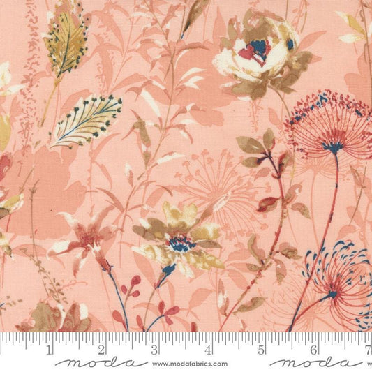 SALE Sandalwood Meadow 44380 Rose Quartz - Moda Fabrics - Flowers Floral Blossoms Leaves Leaf Stems - Quilting Cotton Fabric