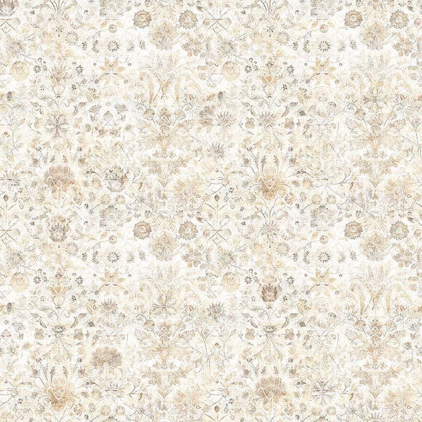 Image of Folklore Floral Tan quilting cotton fabric by Morris Creative Group for QT fabrics. Features flowers on a cream background. Cute Little Fabric Shop.