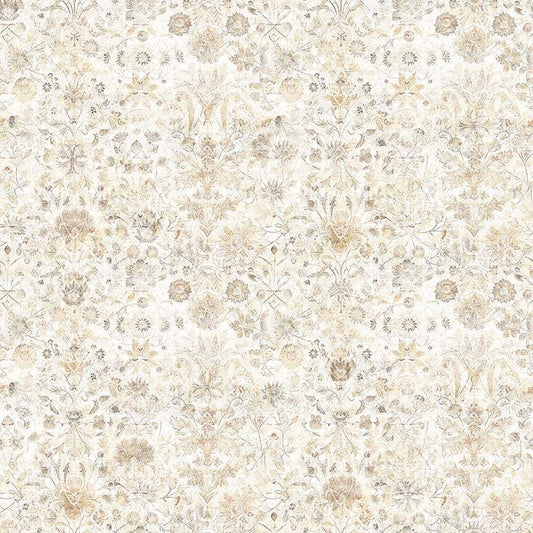Image of Folklore Floral Tan quilting cotton fabric by Morris Creative Group for QT fabrics. Features flowers on a cream background. Cute Little Fabric Shop.