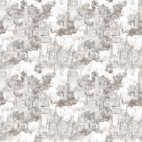 Image of Folklore Castles on Clouds Taupe quilting cotton fabric by Morris Creative Group for QT fabrics. Features castles on a white background. Cute Little Fabric Shop.