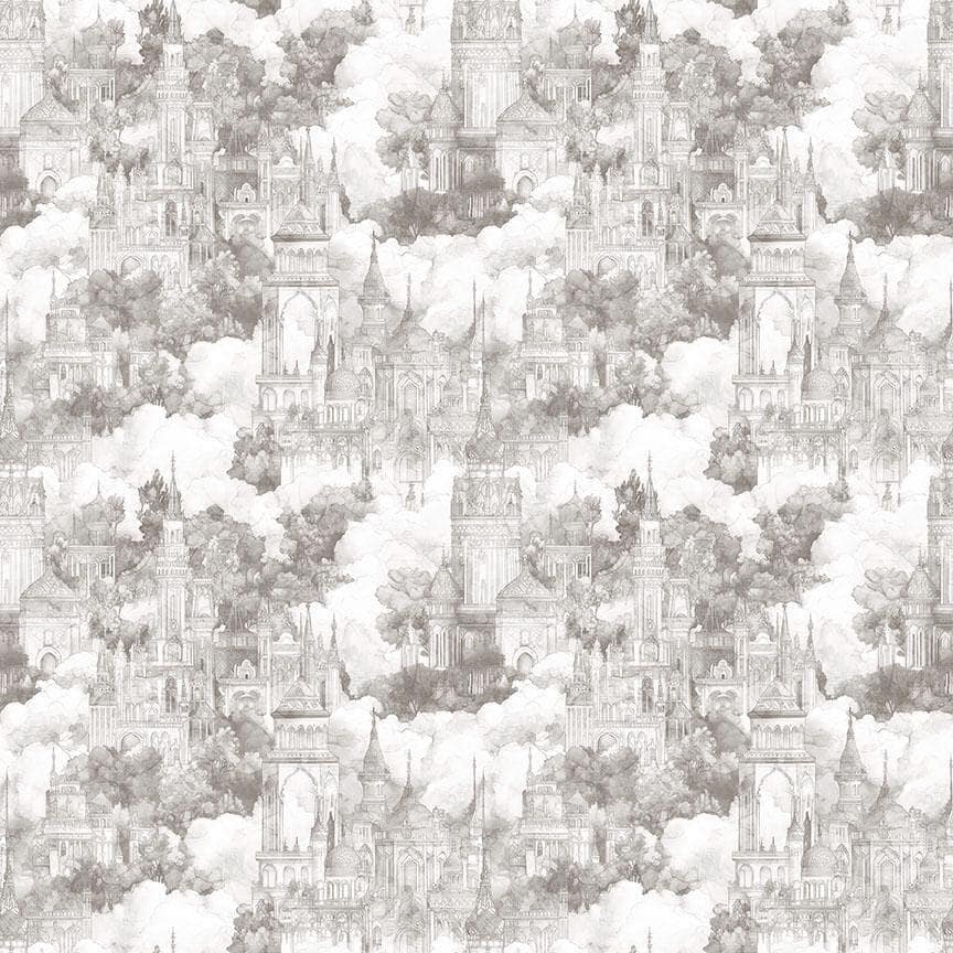 Image of Folklore Castles on Clouds Taupe quilting cotton fabric by Morris Creative Group for QT fabrics. Features castles on a white background. Cute Little Fabric Shop.
