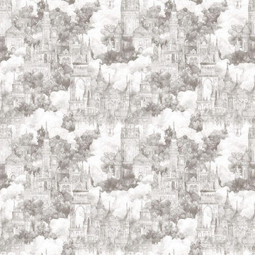 Image of Folklore Castles on Clouds Taupe quilting cotton fabric by Morris Creative Group for QT fabrics. Features castles on a white background. Cute Little Fabric Shop.