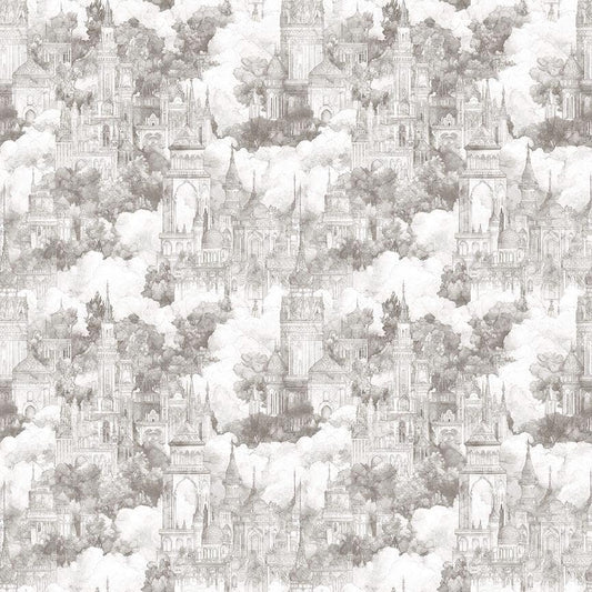 Image of Folklore Castles on Clouds Taupe quilting cotton fabric by Morris Creative Group for QT fabrics. Features castles on a white background. Cute Little Fabric Shop.