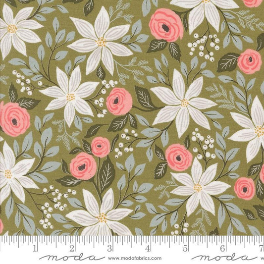 SALE Berry & Pine Florals 5240 Sage - Moda Fabrics - Poinsettia Roses Flowers Blossoms Leaves leaf - Quilting Cotton Fabric