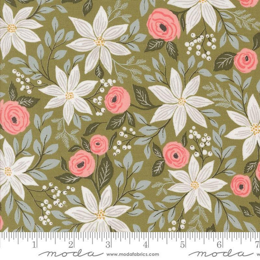 SALE Berry & Pine Florals 5240 Sage - Moda Fabrics - Poinsettia Roses Flowers Blossoms Leaves leaf - Quilting Cotton Fabric