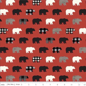 26" End of Bolt - SALE Wild at Heart Bears C9821 Red - Riley Blake - Outdoors Bear Silhouettes Black Red Cream - Quilting Cotton Fabric
