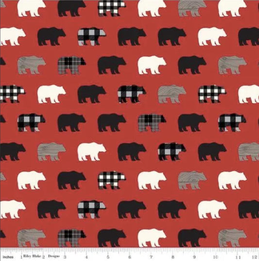 34" End of Bolt - SALE Wild at Heart Bears C9821 Red - Riley Blake - Outdoors Bear Silhouettes Black Red Cream - Quilting Cotton Fabric