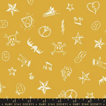 SALE Teddy & The Bears Symbols RS2104 Goldenrod - Moda Fabrics - Novelty Doodles Icons - Quilting Cotton Fabric