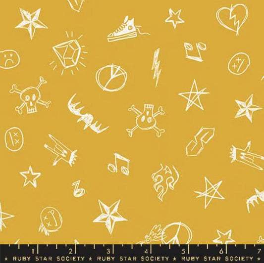 SALE Teddy & The Bears Symbols RS2104 Goldenrod - Moda Fabrics - Novelty Doodles Icons - Quilting Cotton Fabric
