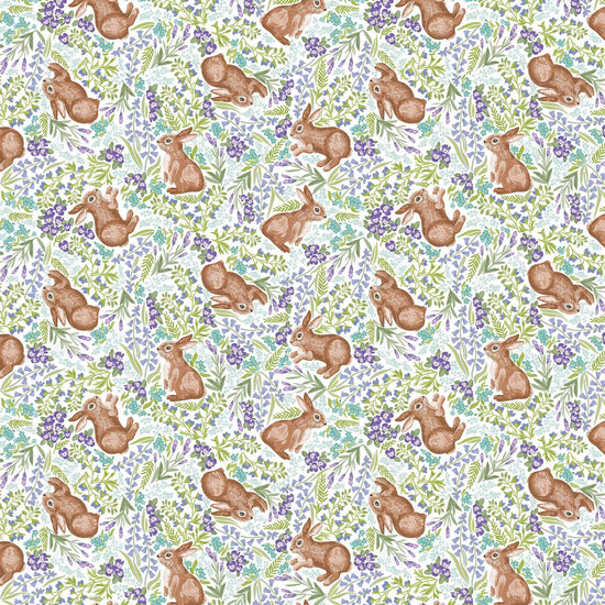 Image of Easter Garden Bunnies White quilting cotton fabric by Julie Lynch for Riley Blake Designs. Features bunnies on a white background. Cute Little Fabric Shop.