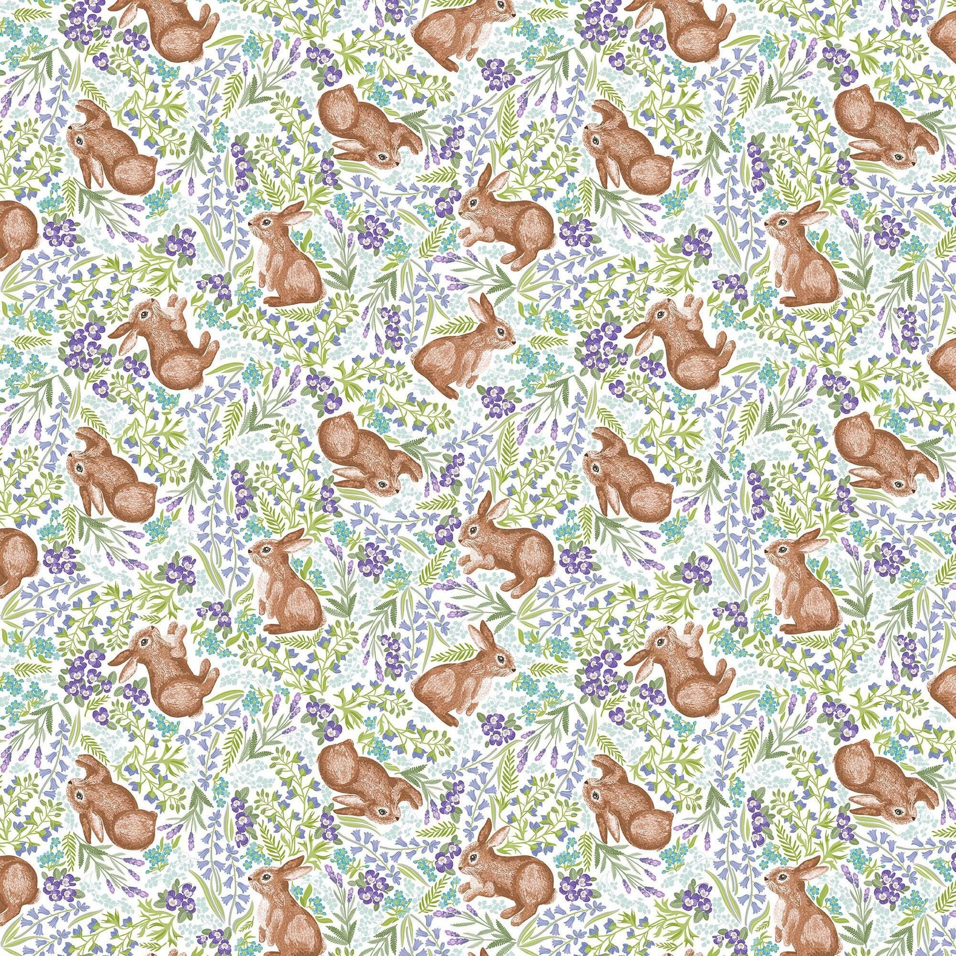 Image of Easter Garden Bunnies White quilting cotton fabric by Julie Lynch for Riley Blake Designs. Features bunnies on a white background. Cute Little Fabric Shop.