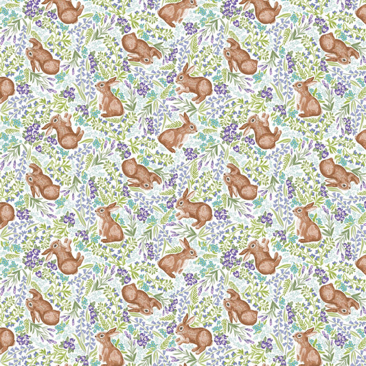 Image of Easter Garden Bunnies White quilting cotton fabric by Julie Lynch for Riley Blake Designs. Features bunnies on a white background. Cute Little Fabric Shop.