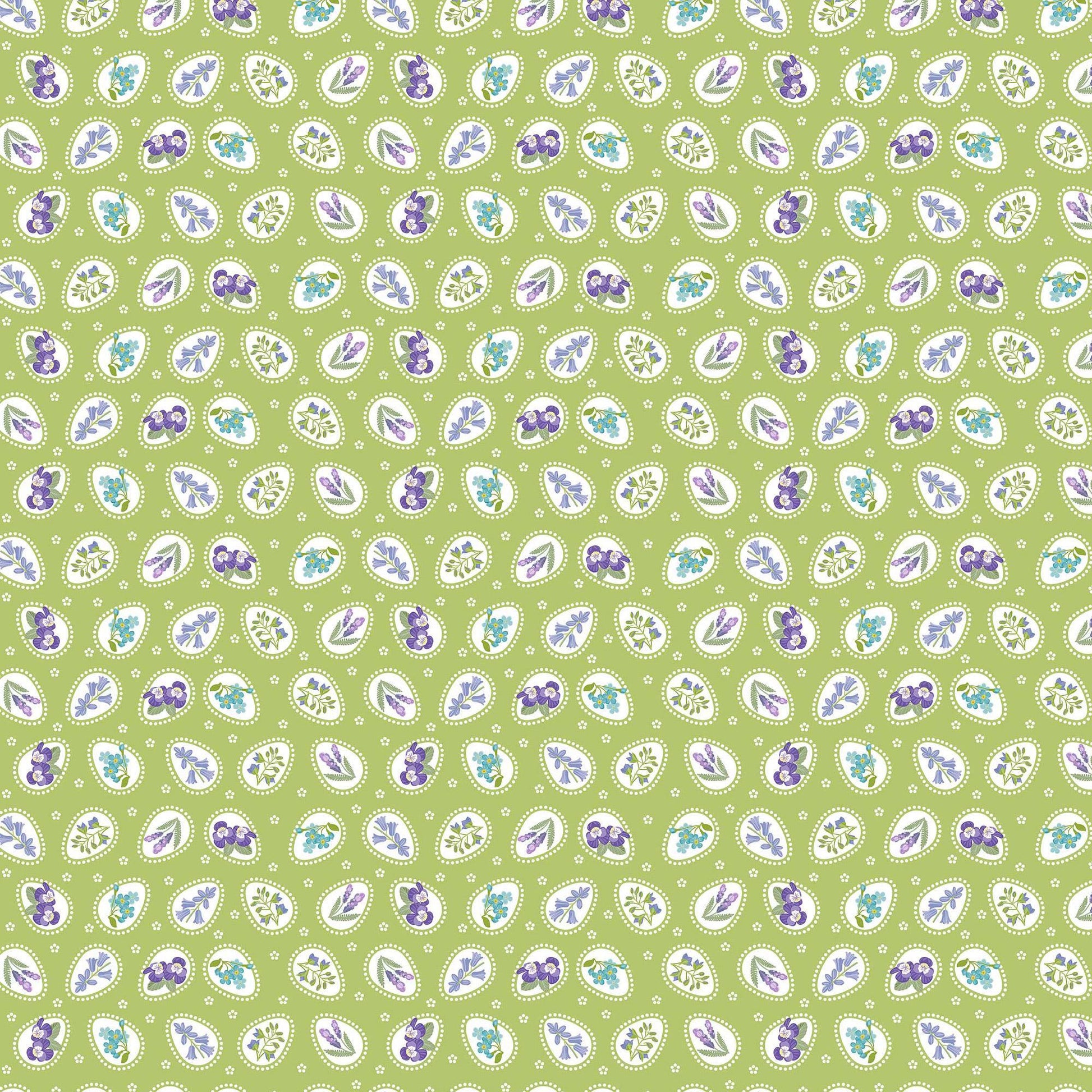 Image of Easter Garden Floral Easter Eggs Green quilting cotton fabric by Julie Lynch for Riley Blake Designs. Features flowers on a green background. Cute Little Fabric Shop.