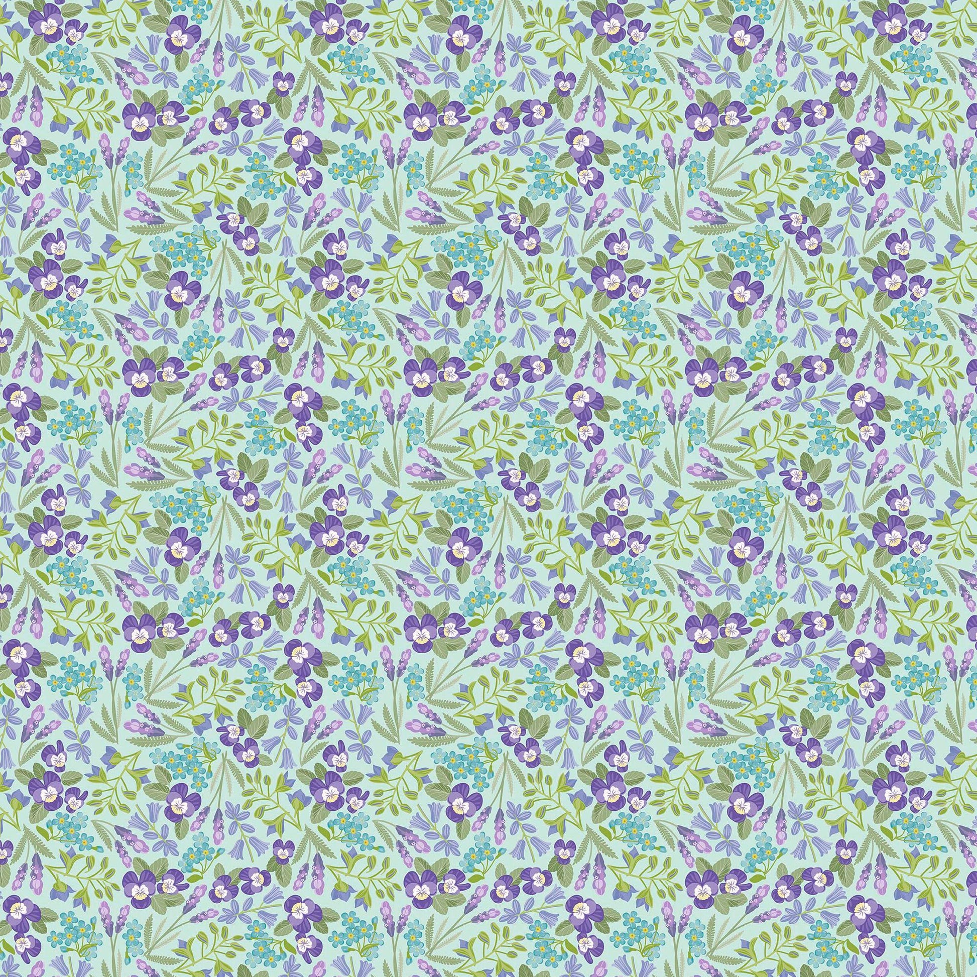 Image of Easter Garden Spring Floral Aqua quilting cotton fabric by Julie Lynch for Riley Blake Designs. Features flowers on a blue background. Cute Little Fabric Shop.