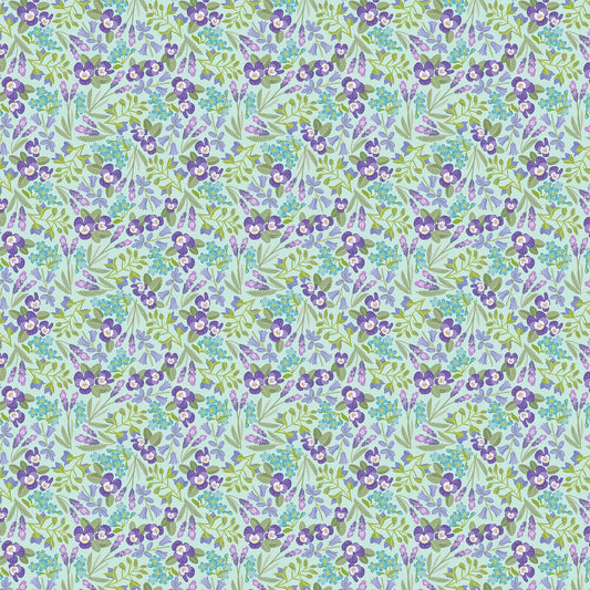 Image of Easter Garden Spring Floral Aqua quilting cotton fabric by Julie Lynch for Riley Blake Designs. Features flowers on a blue background. Cute Little Fabric Shop.