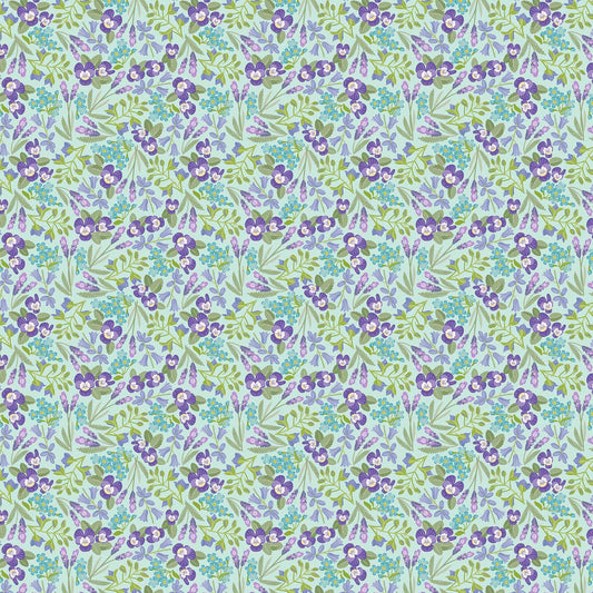 Image of Easter Garden Spring Floral Aqua quilting cotton fabric by Julie Lynch for Riley Blake Designs. Features flowers on a blue background. Cute Little Fabric Shop.
