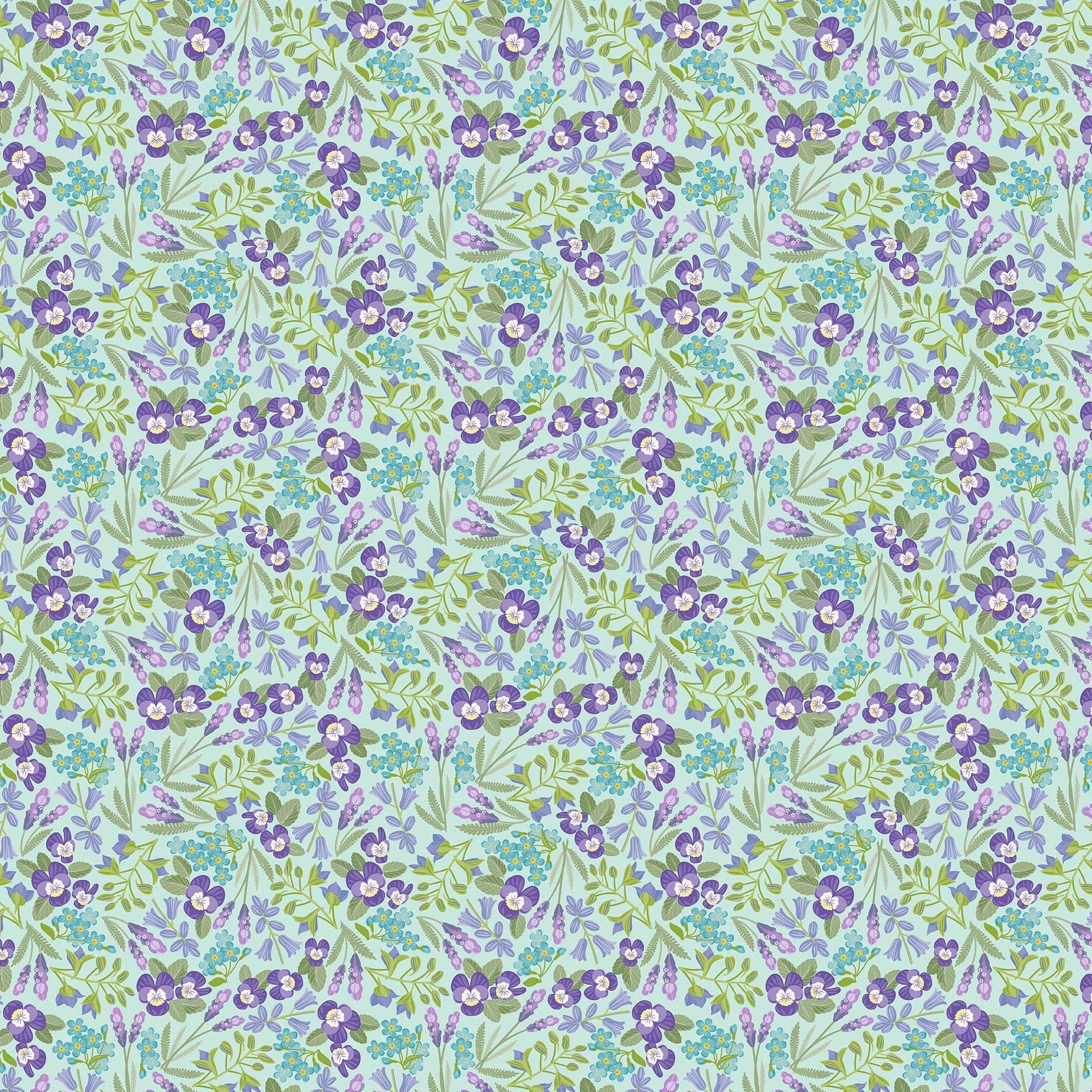 Image of Easter Garden Spring Floral Aqua quilting cotton fabric by Julie Lynch for Riley Blake Designs. Features flowers on a blue background. Cute Little Fabric Shop.