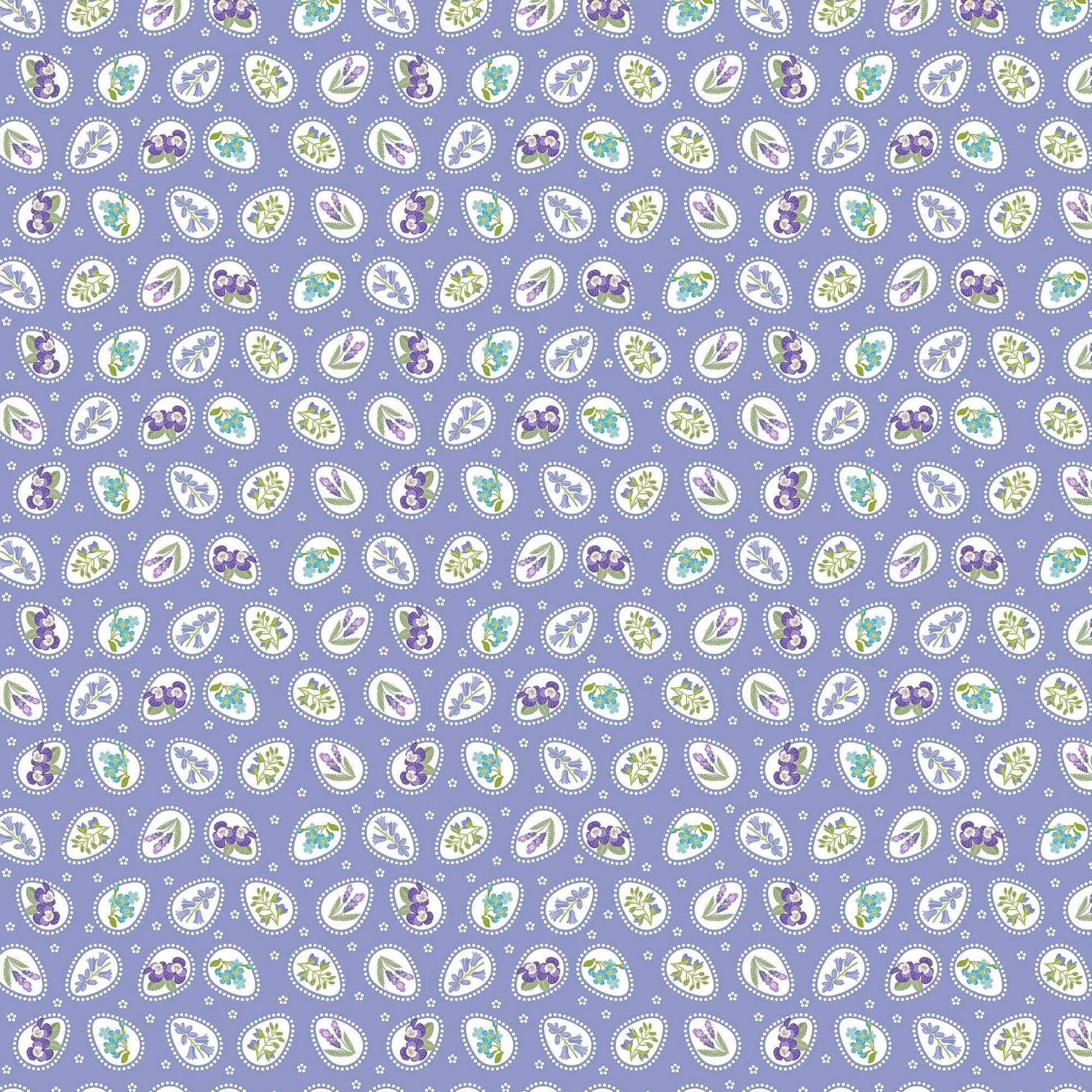 Image of Easter Garden Floral Easter Eggs Lavender quilting cotton fabric by Julie Lynch for Riley Blake Designs. Features flowers on a purple background. Cute Little Fabric Shop.
